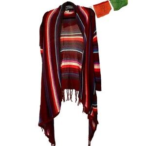 BILLABONG Long Sweater Women L Open Cardigan Serape Stripe Fringe Boho Festival